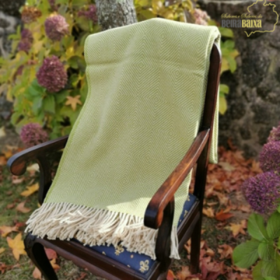 Cobertor verde claro em cadeira de madeira escura com assento azul, ao ar livre com flores no fundo