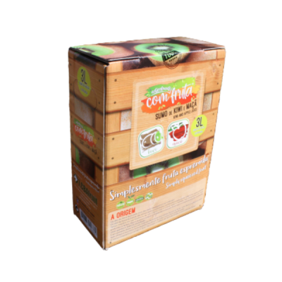 Embalagem de sumo de kiwi e maçã 3 litros com design de caixa de madeira