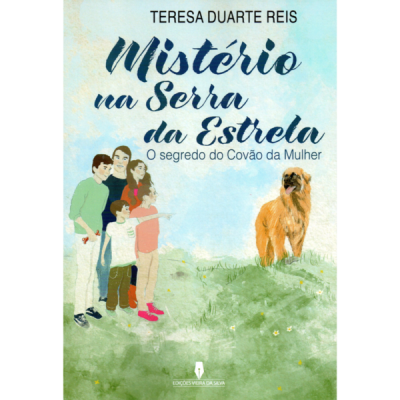 Capa do livro Mistério na Serra da Estrela com ilustração de uma família e um cão na natureza