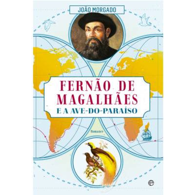 Capa de livro com retrato de homem, mapa-múndi e aves tropicais