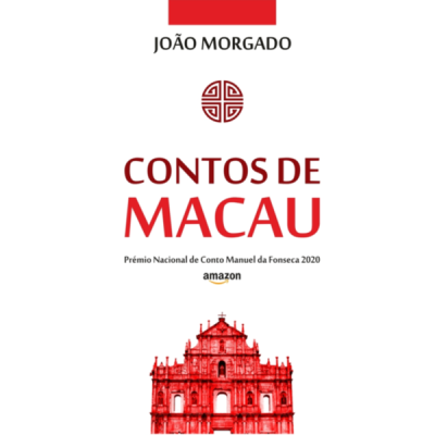 Capa do livro 'Contos de Macau' com texto em vermelho e preto e imagem vermelha de edifício histórico.