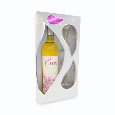 Conjunto de vinho branco Eros com dois copos em caixa branca decorada