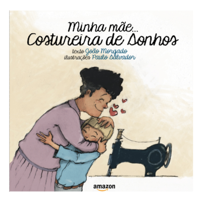 Capa de livro com mulher abraçando criança junto a máquina de costura