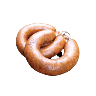 Dois enchidos castanhos em forma de ferradura amarrados nas pontas