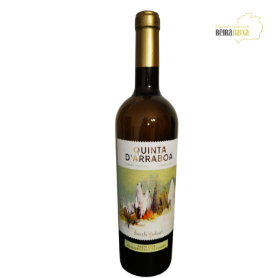 Garrafa de vinho Quinta D'Arraboa com rótulo colorido e tampa dourada