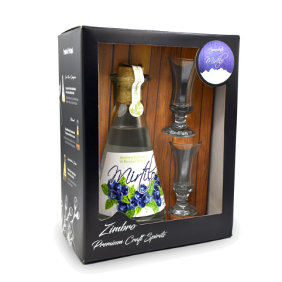 Conjunto de presente com garrafa de Mirtilo e duas taças em caixa preta