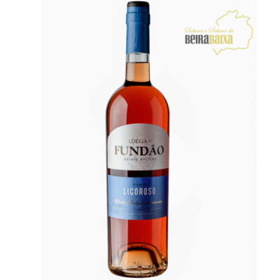 Garrafa de vinho licoroso ADEGA DO FUNDÃO com rótulos azuis e brancos