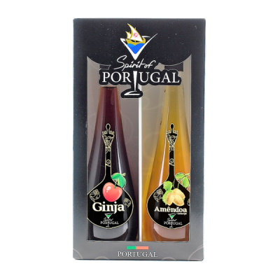 Embalagem com duas garrafas de licor Ginja e Amêndoa, Spirit of Portugal