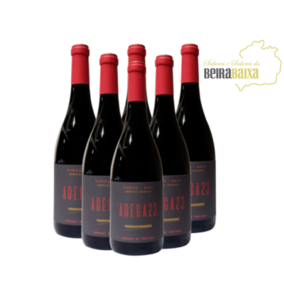 Cinco garrafas de vinho tinto ADEGA23 com cápsulas vermelhas e rótulos escuros