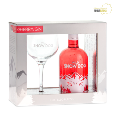 Conjunto de gin vermelho WILD SNOW DOG com copo em caixa branca com logótipos e design de montanhas