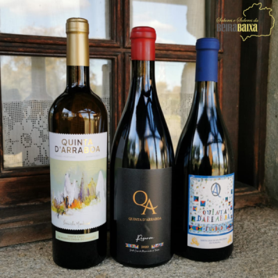 Três garrafas de vinho distintas com rótulos variados ao lado de uma janela com cortina de renda.