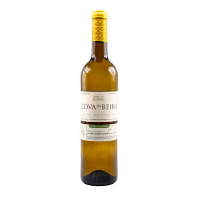 Garrafa de vinho branco Cova da Beira com rótulo branco e cápsula amarela