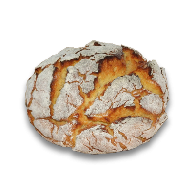 Pão rústico redondo com crosta estaladiça coberta por farinha