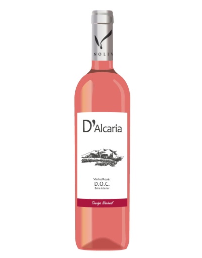 Garrafa de vinho rosé D'Alcaria com rótulo branco e detalhes em preto e vermelho