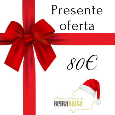 Laço vermelho com oferta de presente de 80€ e logo Beira Baixa com gorro de Natal