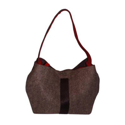 Saco de mulher castanho cinzento com faixa preta e alça vermelha