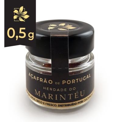 Frasco pequeno de vidro com tampa preta e rótulo preto com texto dourado de açafrão