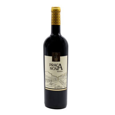 Garrafa de vinho tinto Praça Nova Reserva com rótulo creme e preto e tampa amarela