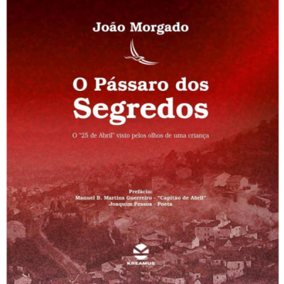 Capa de livro O Pássaro dos Segredos em fundo vermelho com vila e textos