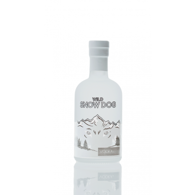 Garrafa branca fosca de vodka Wild Snow Dog com design de montanhas e cão