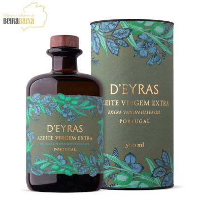 Garrafa de azeite virgem extra D'EYRAS com embalagem cilíndrica decorada