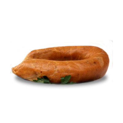 Chouriço em anel com cor castanho-alaranjada e folhas de salsa