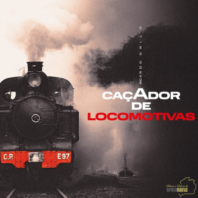Locomotiva a vapor preta com detalhes vermelhos e texto promocional