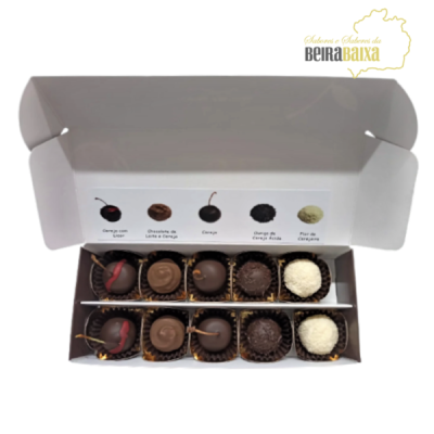 Caixa branca aberta com bombons variados de chocolate com cerejas, cada um em forminha preta.