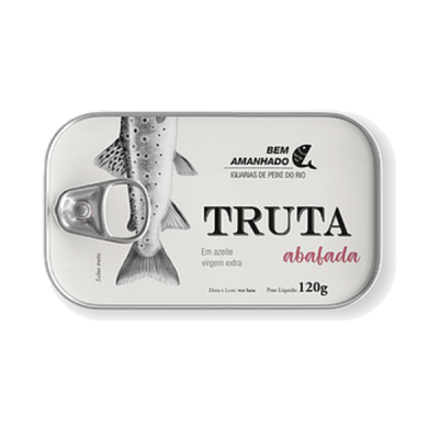 Lata de truta abafada em azeite virgem extra de 120g da marca Bem Amanhado