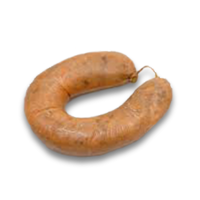 Chouriço cru em ferradura castanho alaranjado com textura rugosa