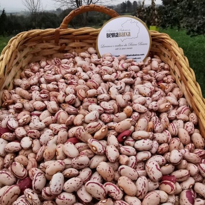 Cesta de feijões brancos com riscas vermelhas com cartão BEIRA BAIXA ao ar livre