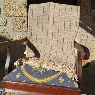 Poltrona de madeira com estofado azul e manta bege