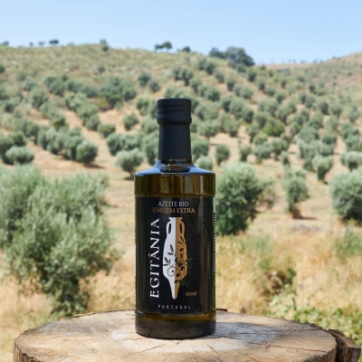 Garrafa de azeite extra virgem numa paisagem de oliveiras
