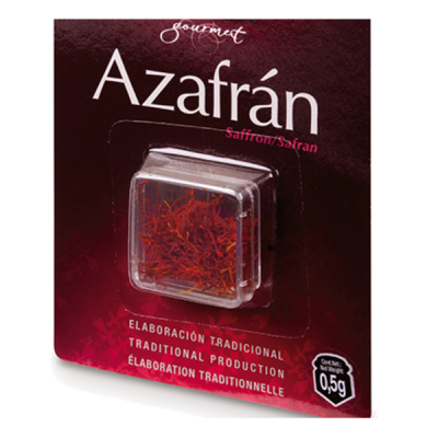 Embalagem de açafrão gourmet com texto multilíngue e peso 0,5g