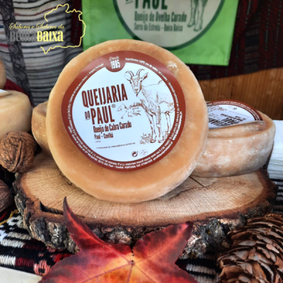 Roda de queijo de cabra curado sobre tábua de madeira com folhas secas e pinhas