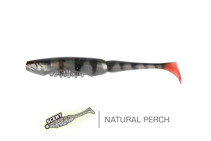Isca artificial para pesca em formato de peixe com cores naturais e cauda vermelha.