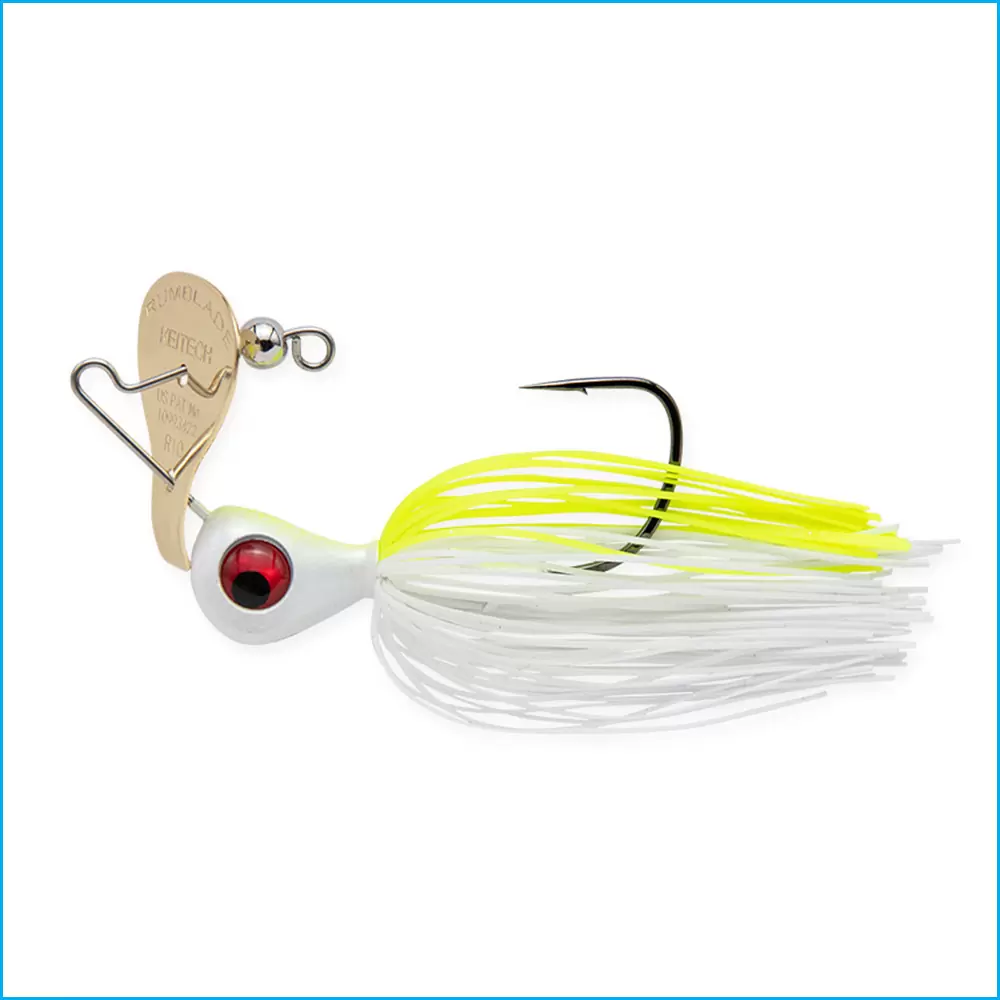 Keitech RumBlade Jig Isca de pesca spinnerbait com cabeça cinza, saia amarela e branca, anzol preto e lâmina metálica com texto