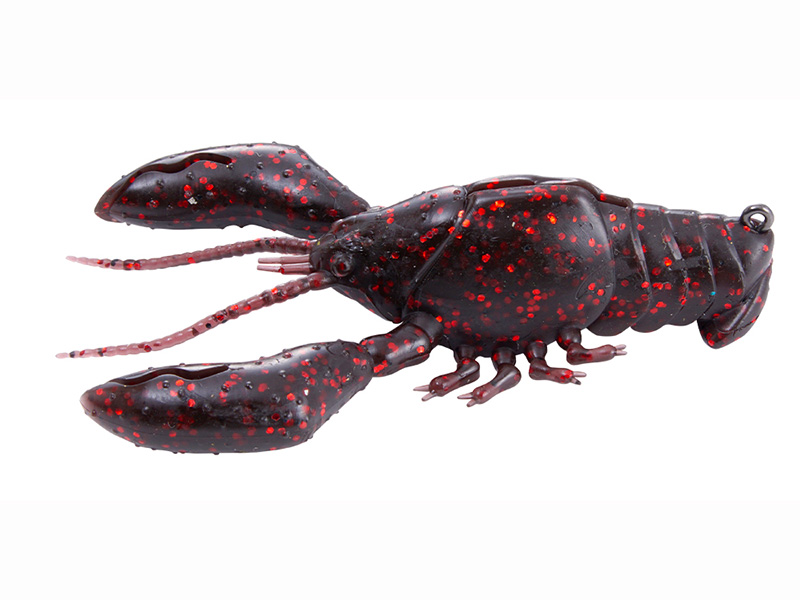 Isca artificial preta com manchas vermelhas em forma de lagosta