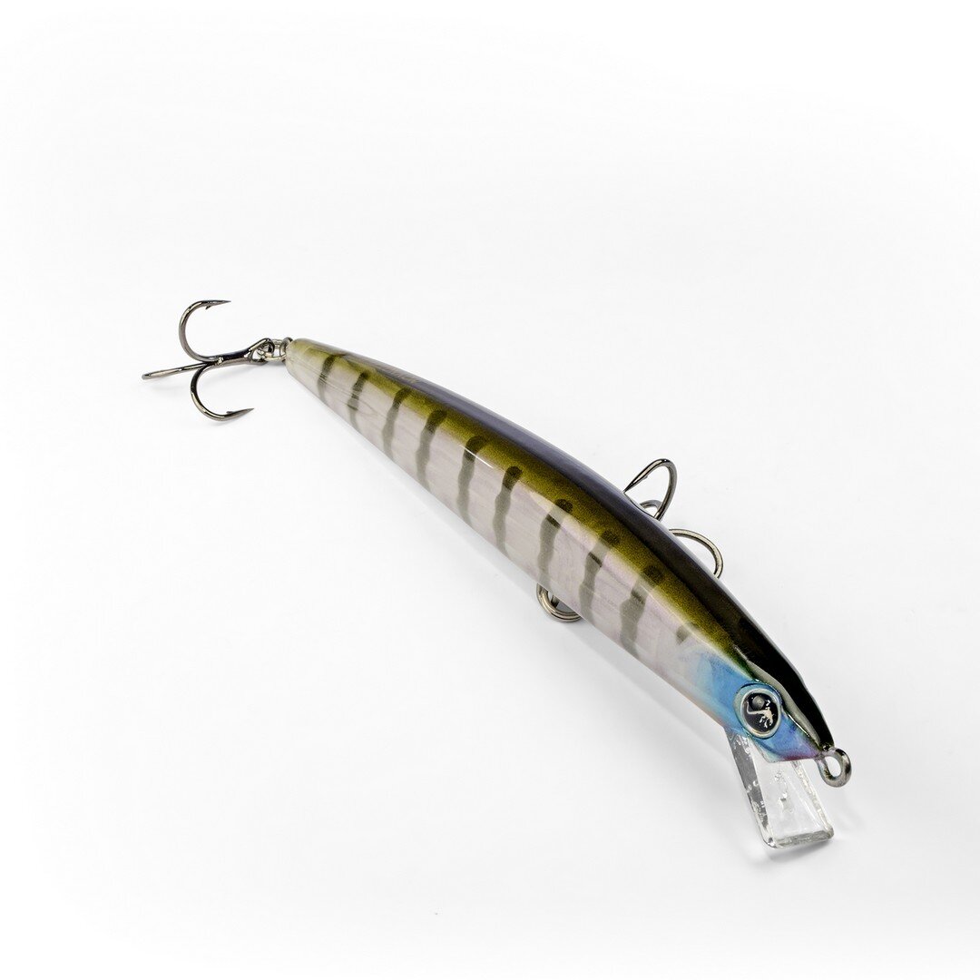 Geko Mommotti 115 SF Jerkbait Isca artificial para pesca com cores cinza, verde, azul e anzóis metálicos
