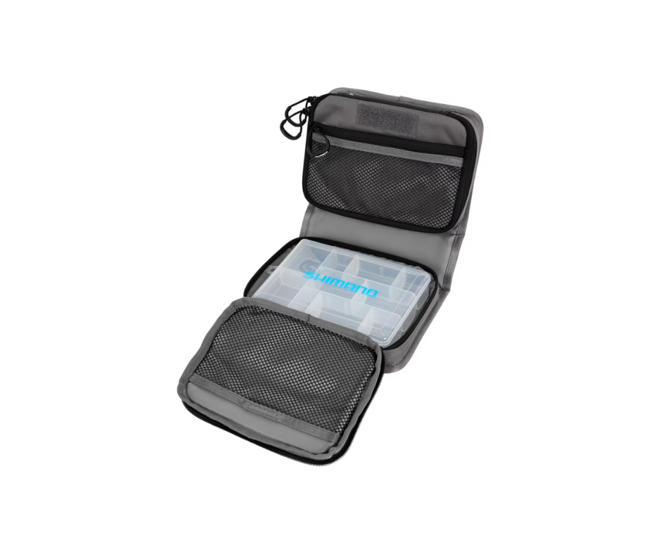 Shimano Predator Tackle Wallet Bolsa cinzenta aberta com caixa plástica transparente Shimano no interior