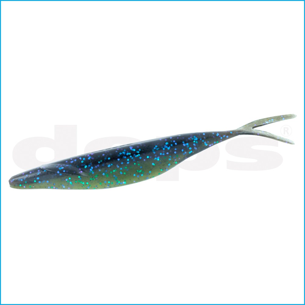 Amostra Deps Sakamata Shad 6" Isca artificial preta e verde com lantejoulas azuis e roxas, formato peixe