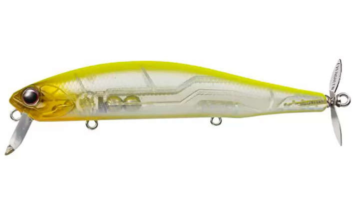 Amostra Evergreen Wake Magic Isca de pesca artificial transparente e amarela com hélice na cauda