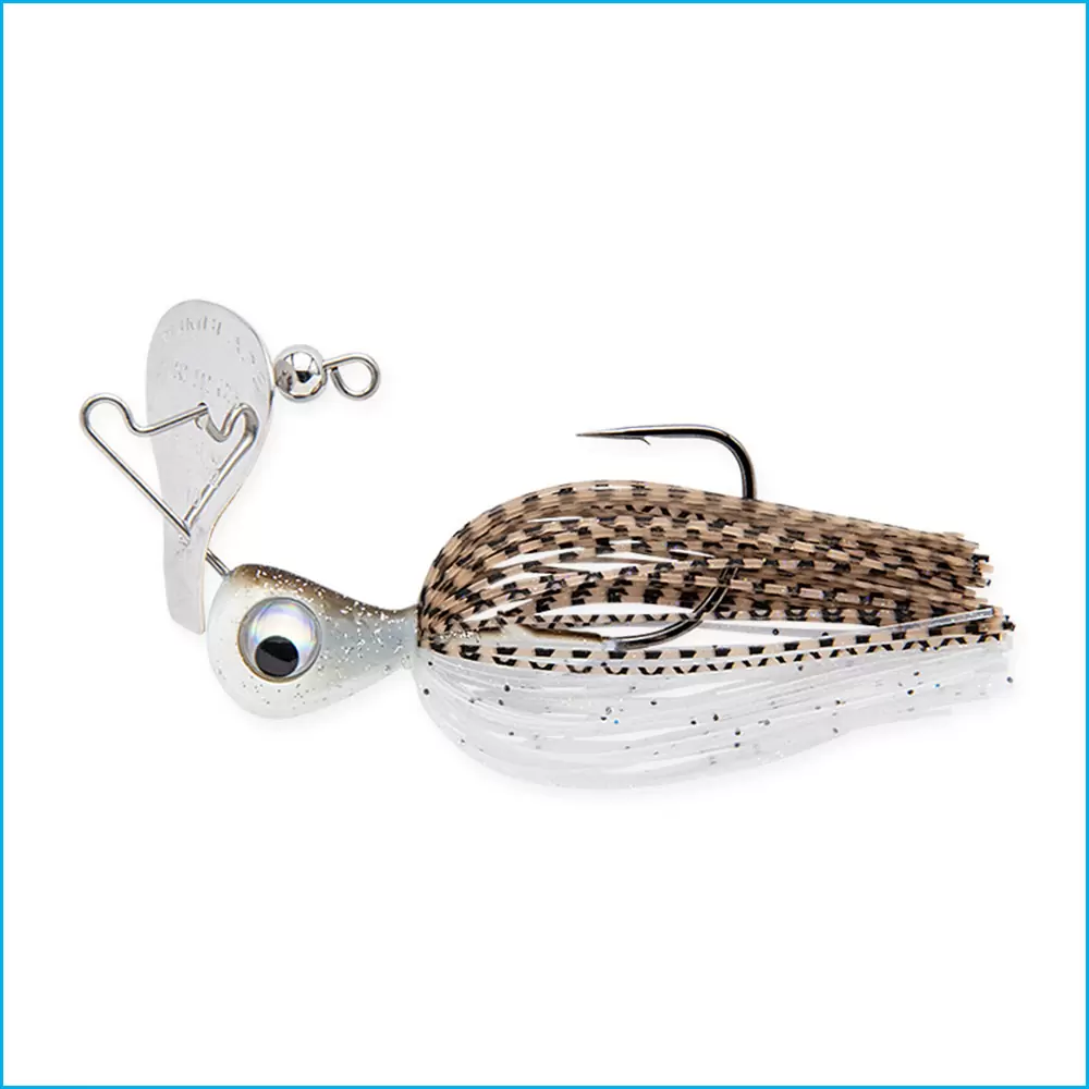 Keitech RumBlade Jig Isca de pesca metálica com cabeça prateada, olho grande, saias de padrões marrons e gancho