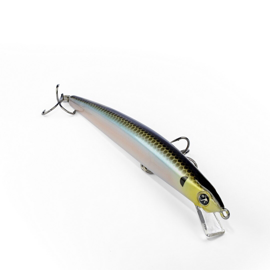 Geko Mommotti 115 SF Jerkbait Isca de pesca minnow azul, prata e preto com anzóis duplos e pala transparente