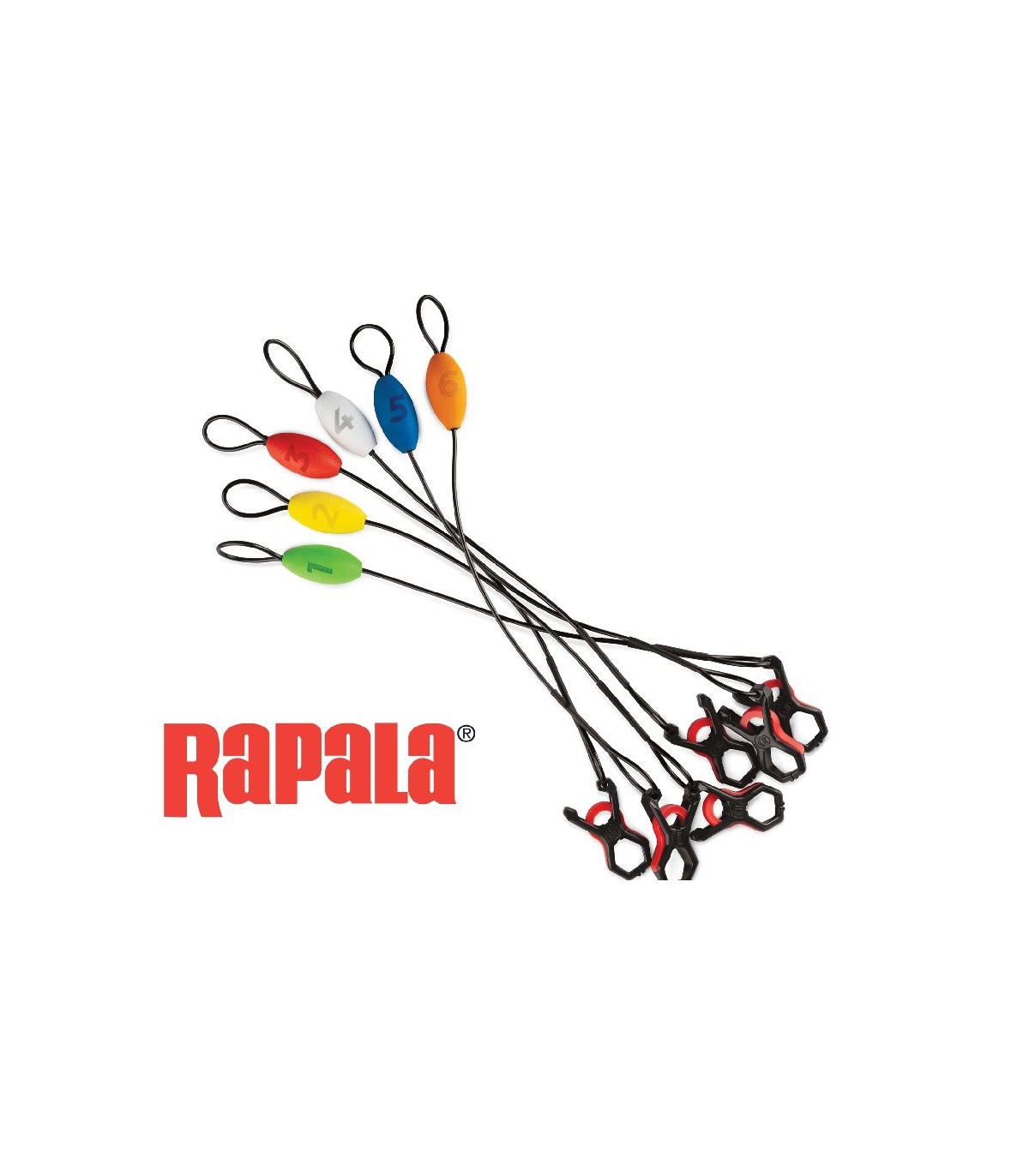 Travões de pesca Rapala coloridos com ganchos pretos e detalhes vermelhos e logotipo Rapala