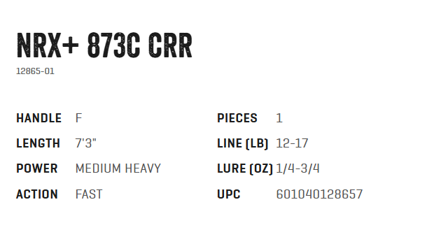 Cana Casting G Loomis NRX+ 873C CRR Detalhes técnicos de uma vara de pesca NRX+ 873C CRR com especificações de comprimento, power, ação, linhas e isca.