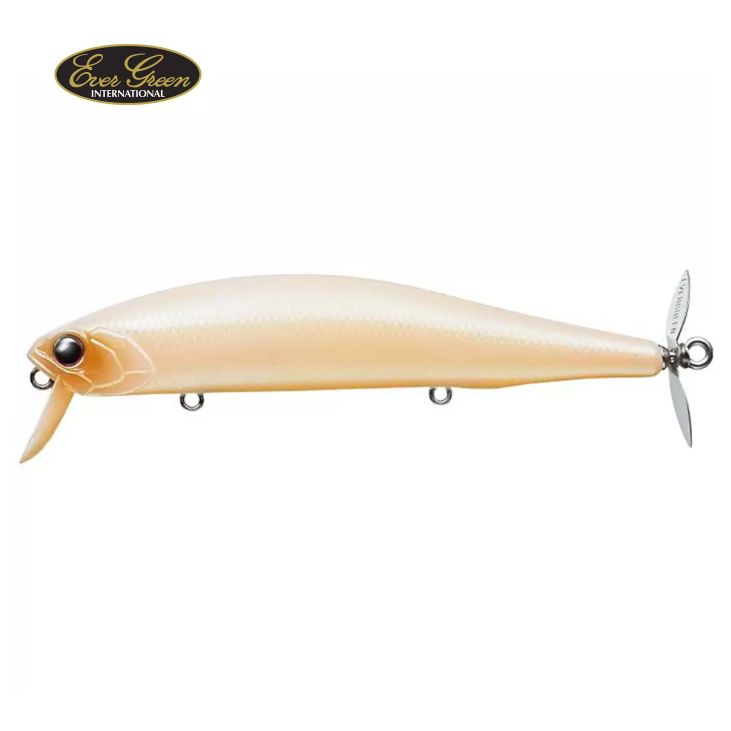Amostra Evergreen Wake Magic Isco de pesca Ever Green International bege com hélice metálica e olhos pretos