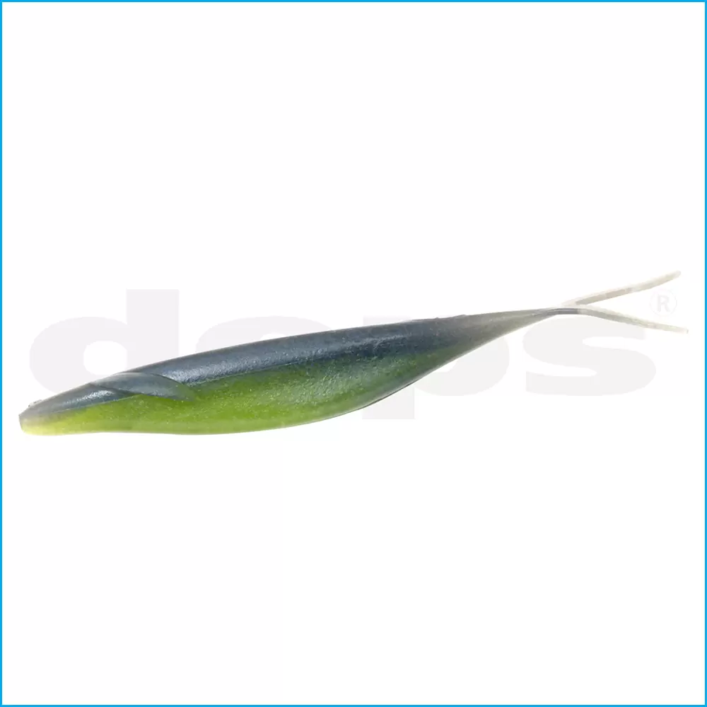 Amostra Deps Sakamata Shad 4" Isca artificial para pesca verde e cinza com cauda branca bifurcada