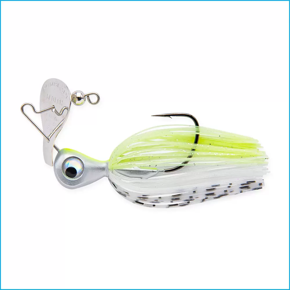 Keitech RumBlade Jig Isca de pesca spinnerbait com saia branca e amarela e cabeça prateada
