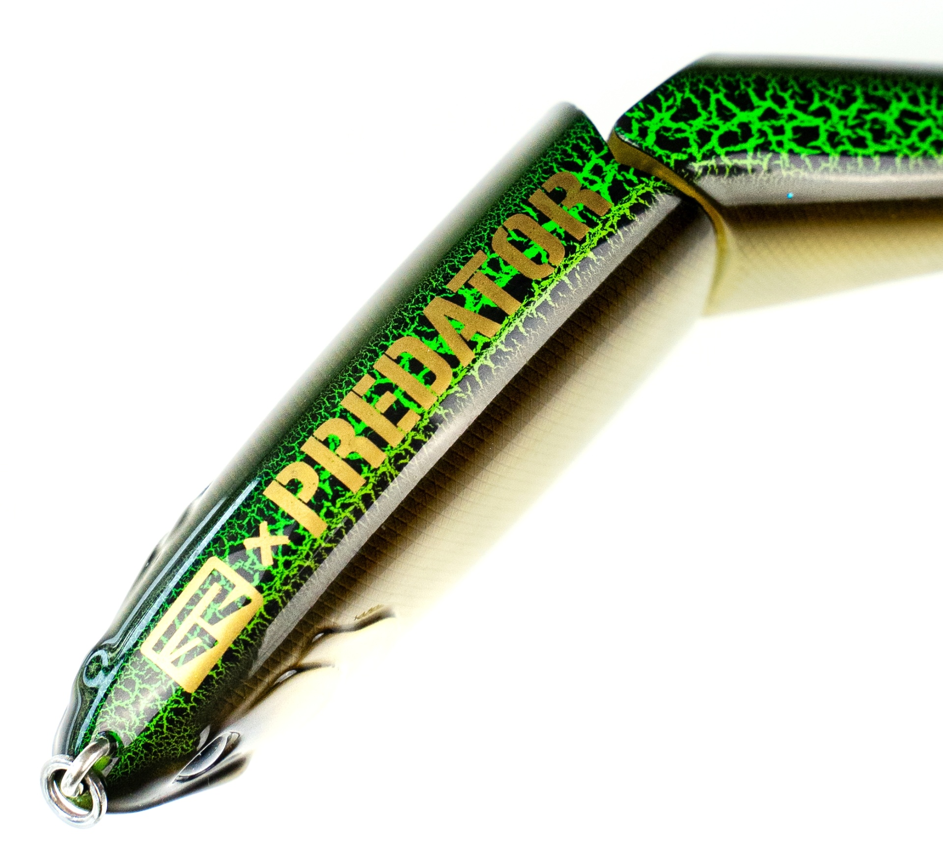 SWIMBAIT REPUBLIC GLIDEWAY 126 PREDATOR STORE Isco de pesca articulado verde e preto com texto PREDATOR em dourado.
